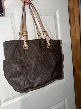 Michael Kors Brown Tote with Light Pink Straps and Gold Hardware